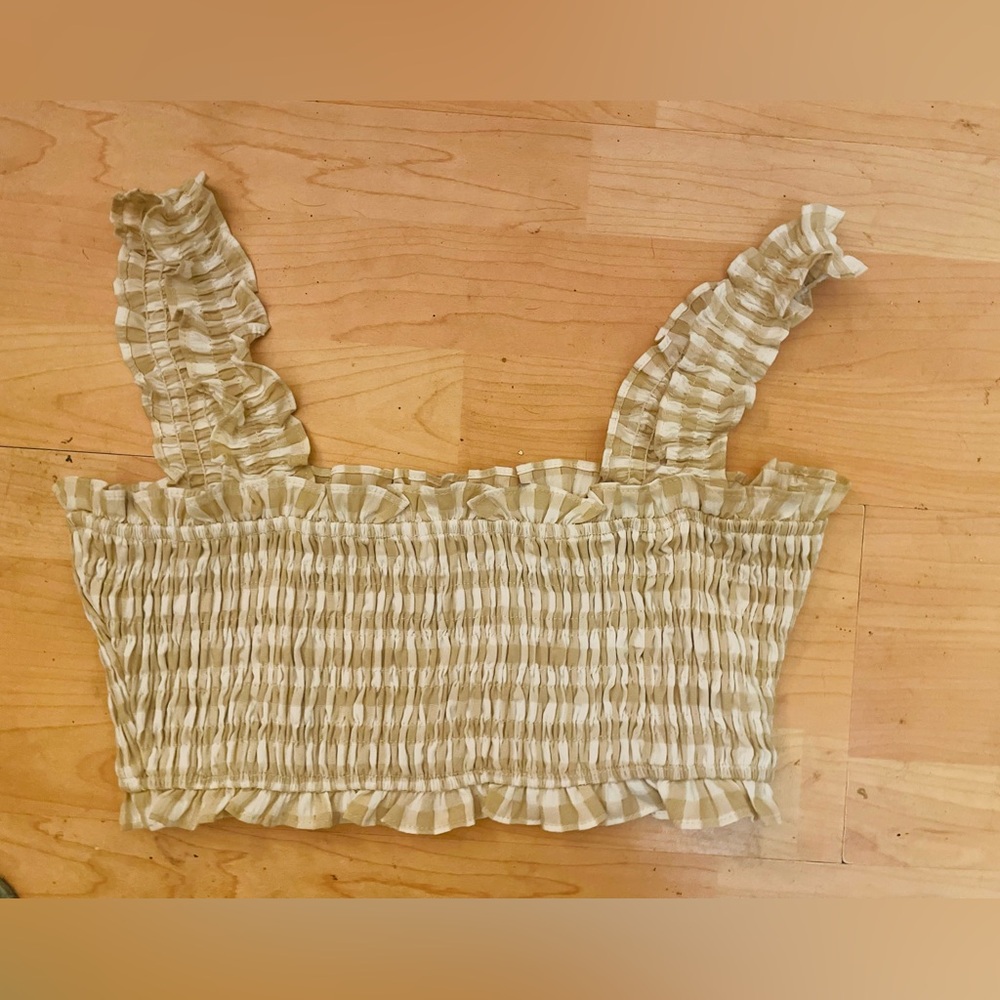 LENA checkered White Tan Smocked Crop top Size S Women Casual AB3